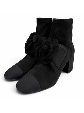 Chanel CC Logo Camellia Ribbon Chunky Heel Suede Kid Skin Short Boots Black